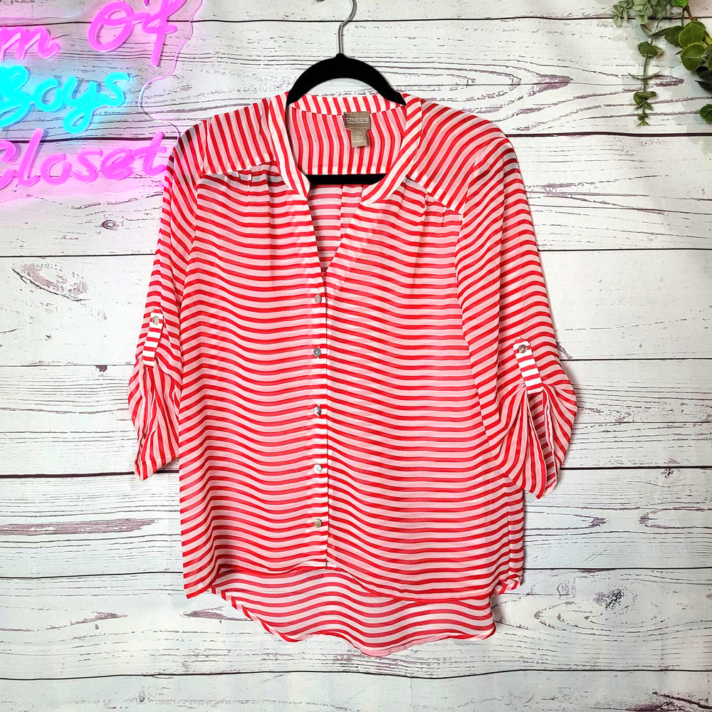 Chico's  Red White Striped Roll Tab Sleeve Button Front Sheer Top Womans Size‎ 0